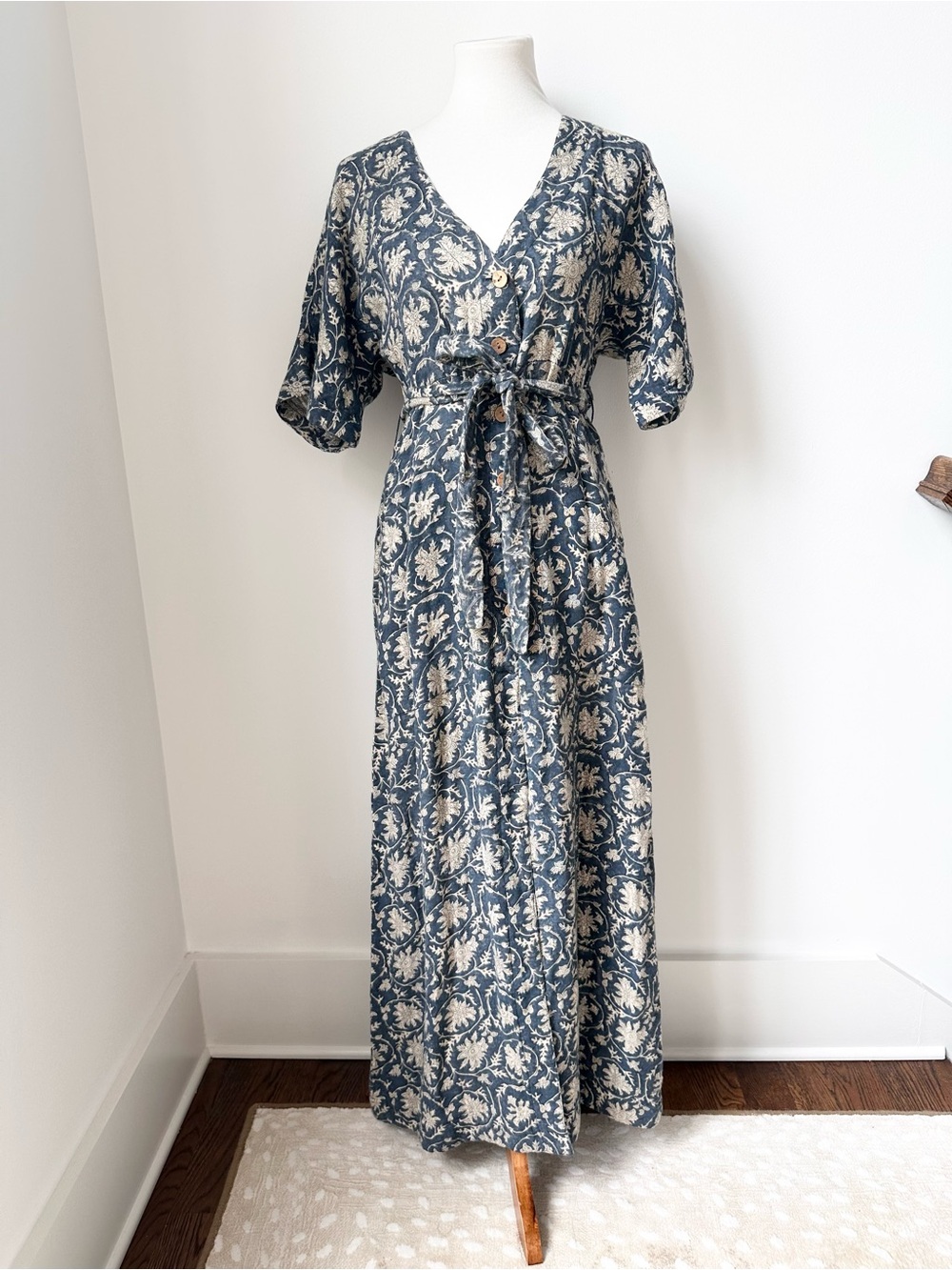 Faherty Dune Camille Belt Organic Cotton Gauze Dress Blue & Cream Floral Size M